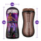 Loverboy The DJ Self Lubricating Stroker Brown pocket stroker with dimensions highlighting soft, flexible design and Perfect Flo Air Valve Control