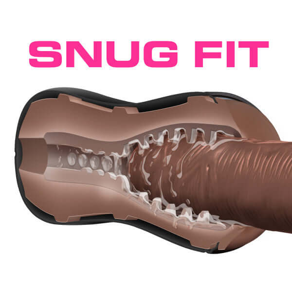 Loverboy The DJ Self Lubricating Stroker Brown demonstrates snug fit and internal texture for enhanced pleasure.