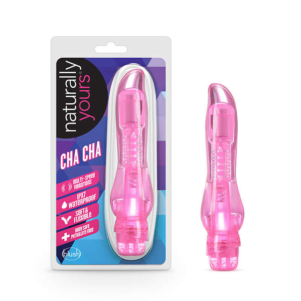 Naturally Yours Cha-Cha Pink Vibrator in packaging and product image by Blush Novelties; multi-speed, waterproof, soft and flexible, body safe.