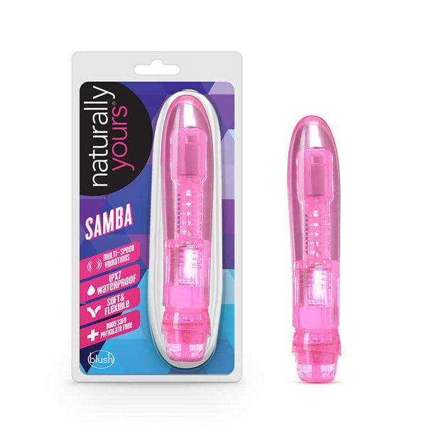 Naturally Yours Samba Pink Vibrator in packaging by Blush Novelties, multi-speed, waterproof, flexible, and body-safe material.