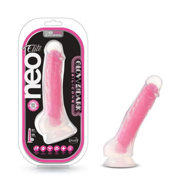 Blush Novelties Neo Elite Glow In The Dark 7.5 inches Silicone Cock with Balls Neon Pink at $34.99