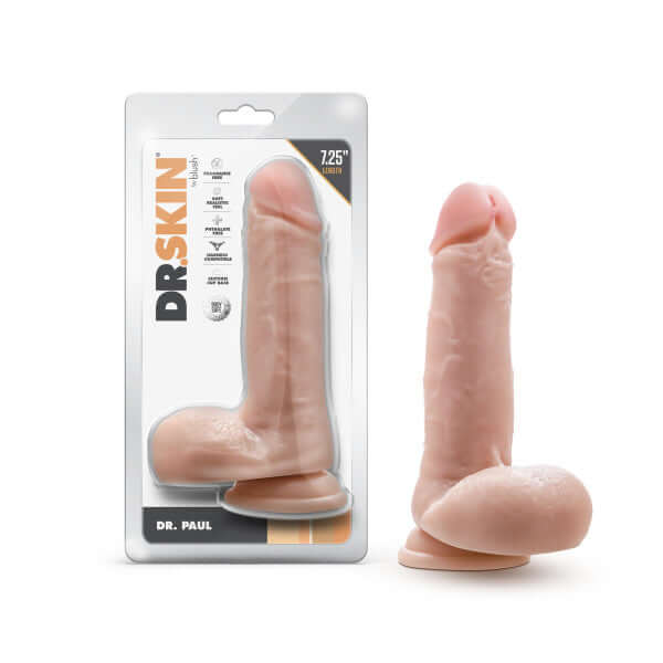 Dr. Skin Collection Dr. Paul 7.25 inches Dildo With Balls - Beige Light Skin Tone in Packaging and Freestanding