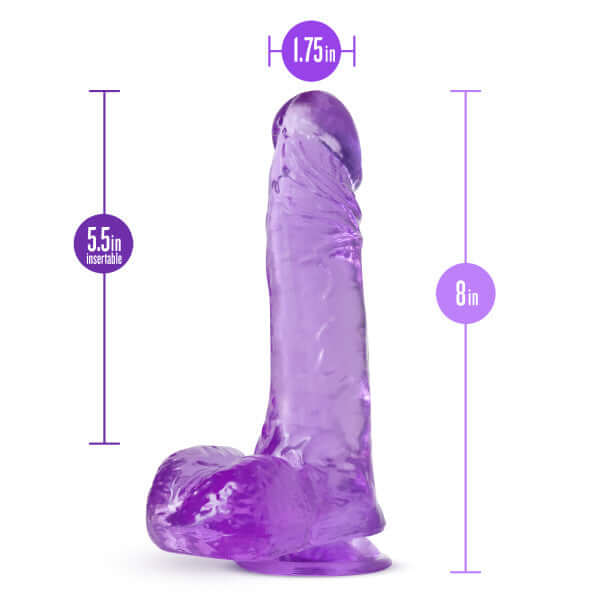 B Yours Plus Ram N Jam Purple Dildo, 8 inches length, strong suction cup, soft and realistic feel from Blush Novelties
