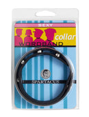 Spartacus Leathers Wordband Collar in packaging, featuring a black adjustable leather band with metal snaps.