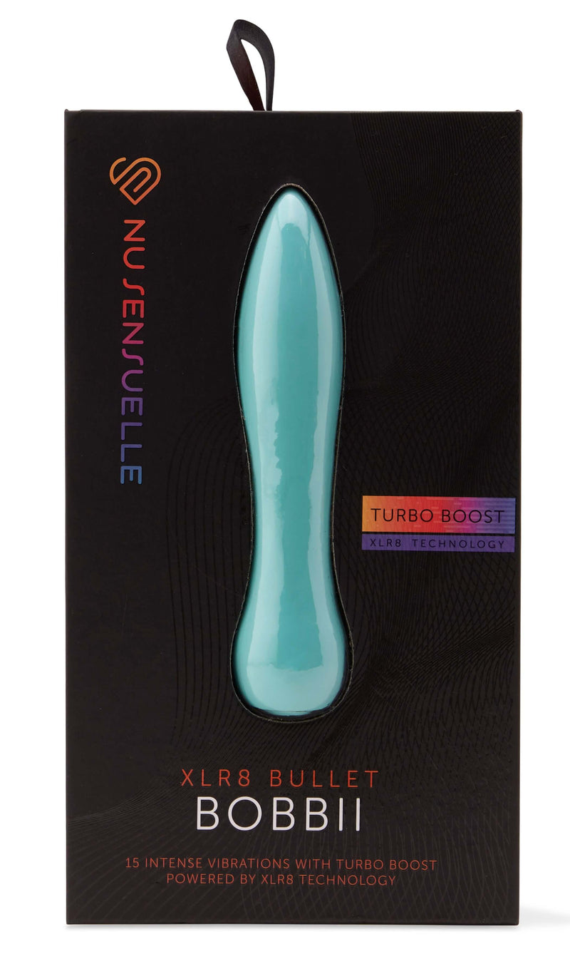 Sensuelle Bobbii XLR8 Electric Blue Vibrator in packaging with Turbo Boost feature and 15 intense vibration functions