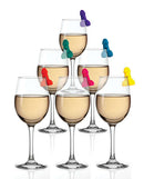 Colorful penis-shaped silicone drink markers on wine glasses for hilarious party fun.