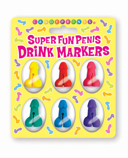 Colorful Candyprints Super Fun Penis Drink Markers for parties and gatherings in a cheeky packaging display.