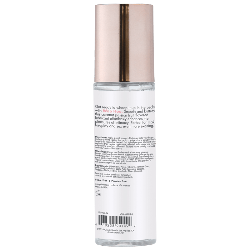 Back view of CGC Woo Hoo Personal Lubricant Coconut Passion 4.4 Oz bottle showing product description and ingredients