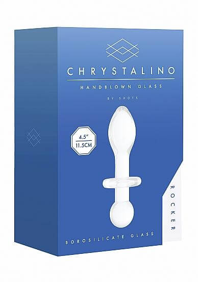 Chrystalino Rocket White Glass Butt Plug in blue packaging with borosilicate glass label.
