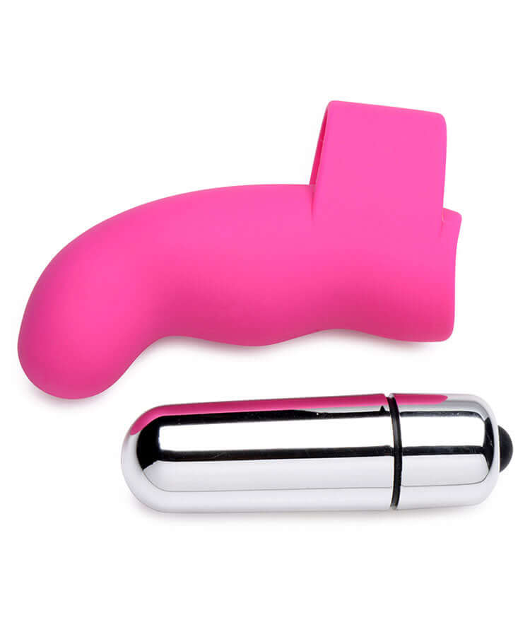 Gossip G-Thrill Finger Vibe in magenta pink with silver bullet vibrator, designed for G-spot stimulation and pleasure.