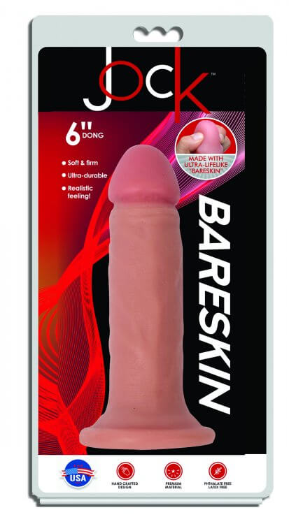Jock Bareskin 6 inches Vanilla Light Skin Tone Beige Dildo in packaging with features listed as soft, firm, ultra-durable, and realistic feeling