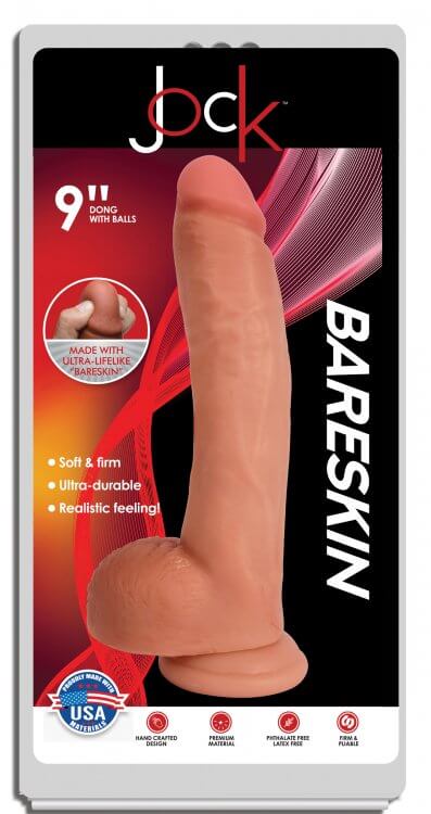 Jock Bareskin 9 Inch Vibrating Dildo in Vanilla Light Skin Tone - Realistic PVC, Ultra-Durable, Harness Compatible, Curve Novelties Packaging.