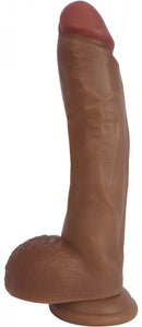 Jock Bareskin 9 inches Vibrating Latte Dark Skin Tone Dildo with suction base showing realistic design and texture.