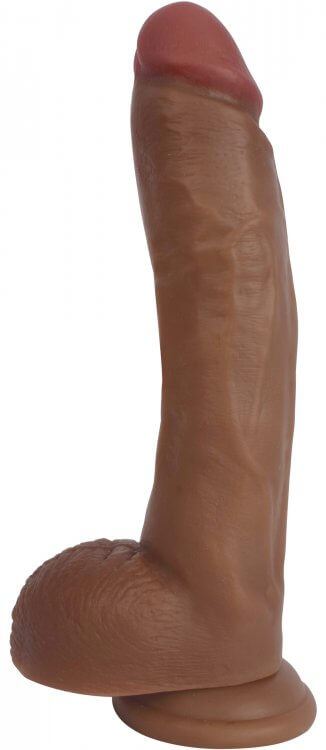 Jock Bareskin 9 inches Vibrating Latte Dark Skin Tone Dildo with suction base showing realistic design and texture.
