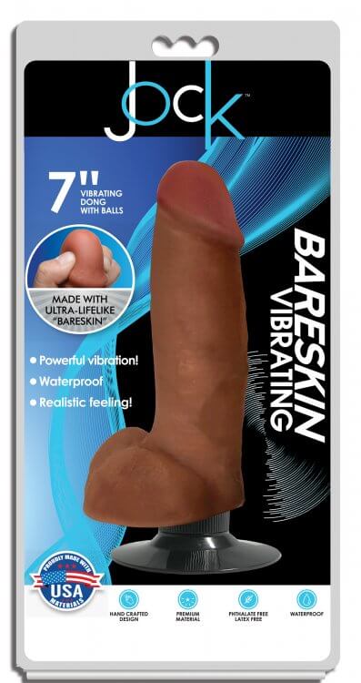 Jock Bareskin 7 inches Vibrating Latte Dildo with Balls by Curve Toys in packaging with unique power dial and lifelike texture