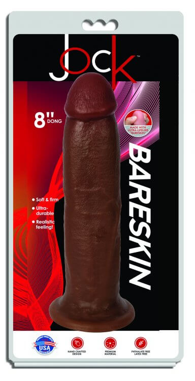 Jock Bareskin 8-inch Latte Dildo in packaging with realistic texture, firm shaft, and suction cup base.