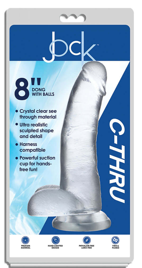Jock C-Thru 8 inches Clear Dildo with Balls and Suction Cup in packaging by Curve Novelties