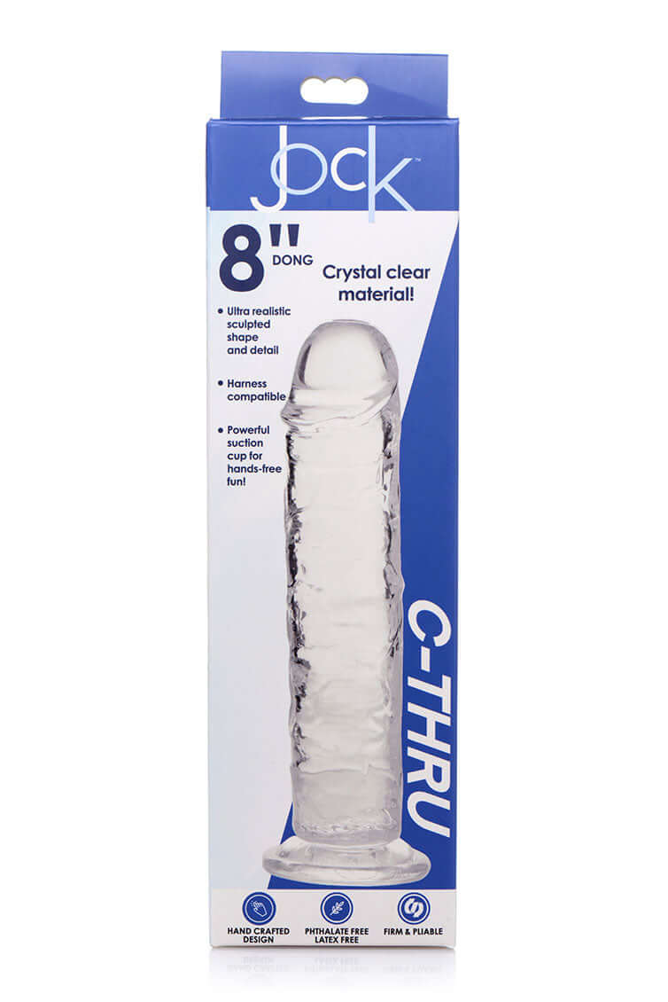 Jock C-Thru 8-inch Clear Dildo packaging showing ultra-clear design and realistic detail.