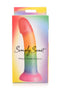 Simply Sweet 6.5 inches Phallic Rainbow Dildo packaging by Curve Novelties showcasing colorful silicone pleasure product.