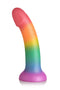 Phallic Rainbow Dildo from Simply Sweet in vibrant colorful design, made of hypoallergenic silicone, standing on a white background.