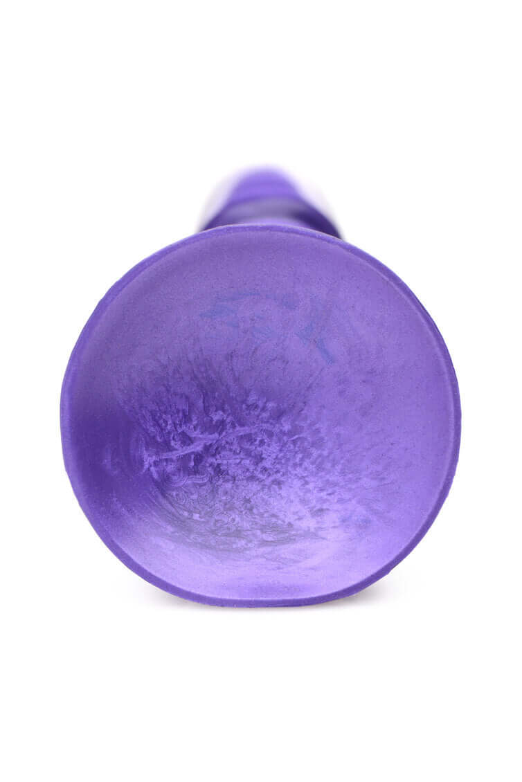 Purple metallic silicone dildo with a super soft smooth tip designed for exquisite pleasure and intense stimulation.
