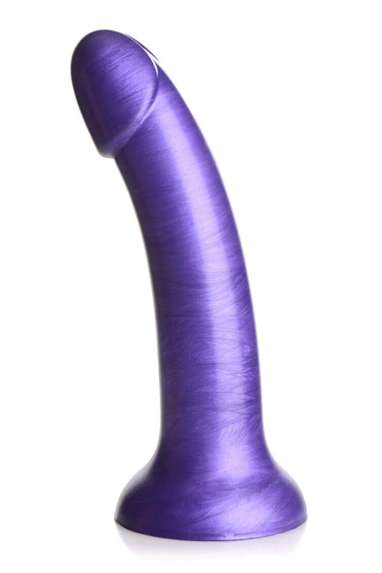 Metallic purple silicone dildo with a realistic head and curved G-spot design