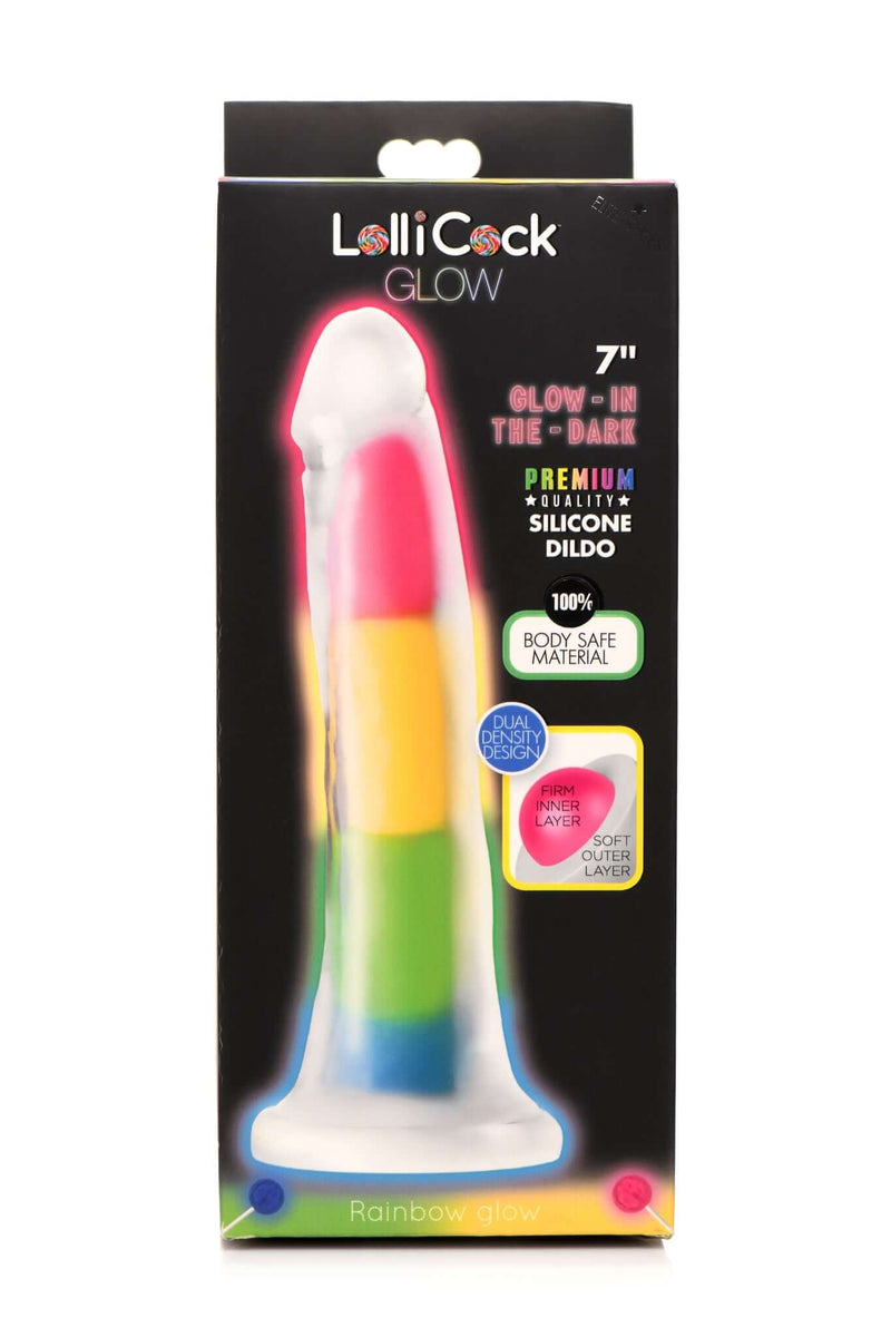 'Lollicock 7 inch Glow In The Dark Rainbow Silicone Dildo in packaging from Curve Toys'