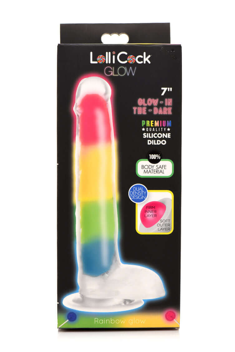 Lollicock 7 inches Glow In The Dark Rainbow Silicone Dildo with Balls in Packaging