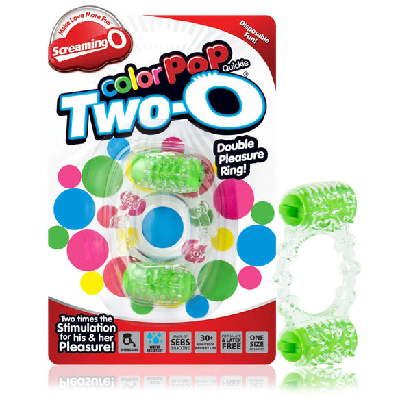 Two-O Double Pleasure Vibrating Ring in green packaging, offering enhanced stimulation for couples' pleasure.