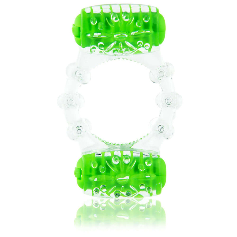 Two-O Double Pleasure Vibrating Ring in green with dual motors for enhanced mutual pleasure during intimacy.