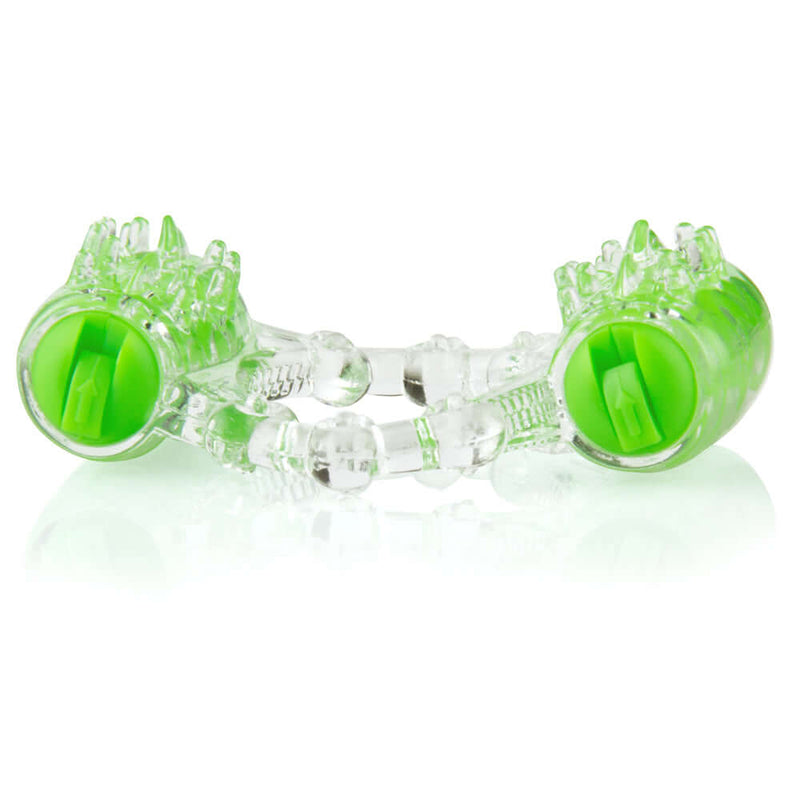 Two-O Double Pleasure Vibrating Ring in green, featuring dual motors for enhanced clitoral and mutual stimulation.