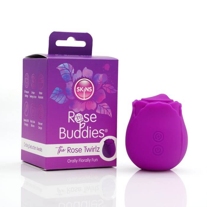 Skins Rose Buddies - The Rose Twirlz clitoral stimulator in violet with product packaging showcasing innovative design.