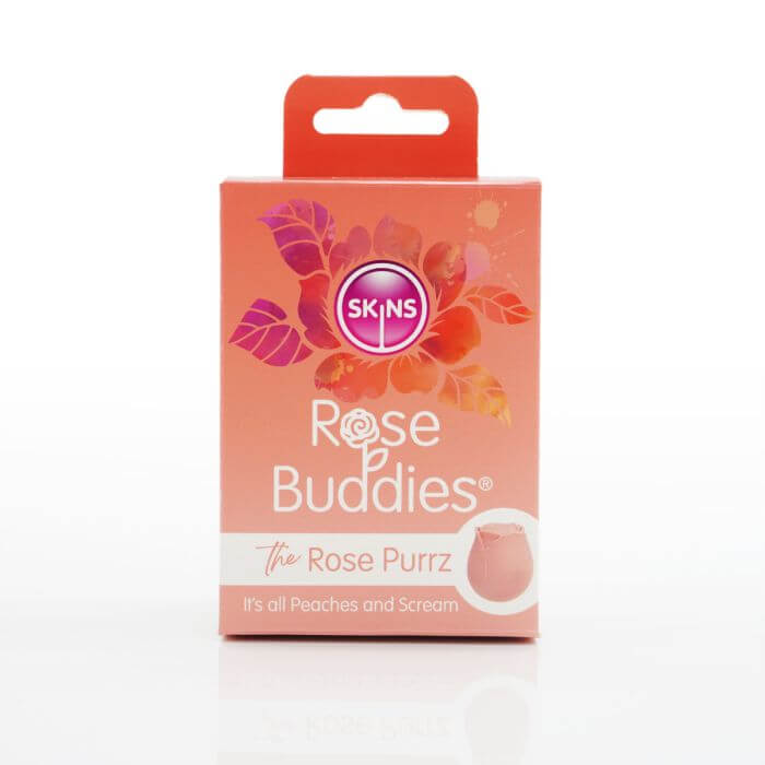 Packaging of Skins Rose Buddies - The Rose Purrz, a silicone pleasure device with customizable settings in pink floral design.
