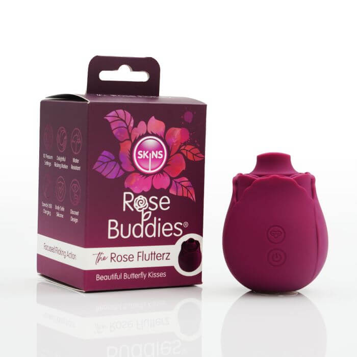 Skins Rose Buddies Rose Flutterz - crimson clitoral vibrator in discreet size for intense pleasure and stimulating flicking action.