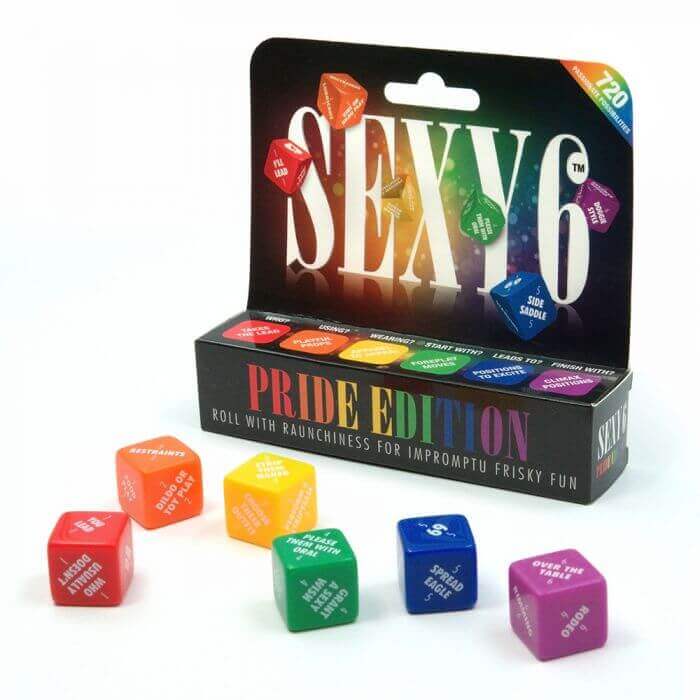 Sexy 6 Dice Pride Edition Couples Game with colorful dice for exciting flirty fun, offering 720 playful combinations.