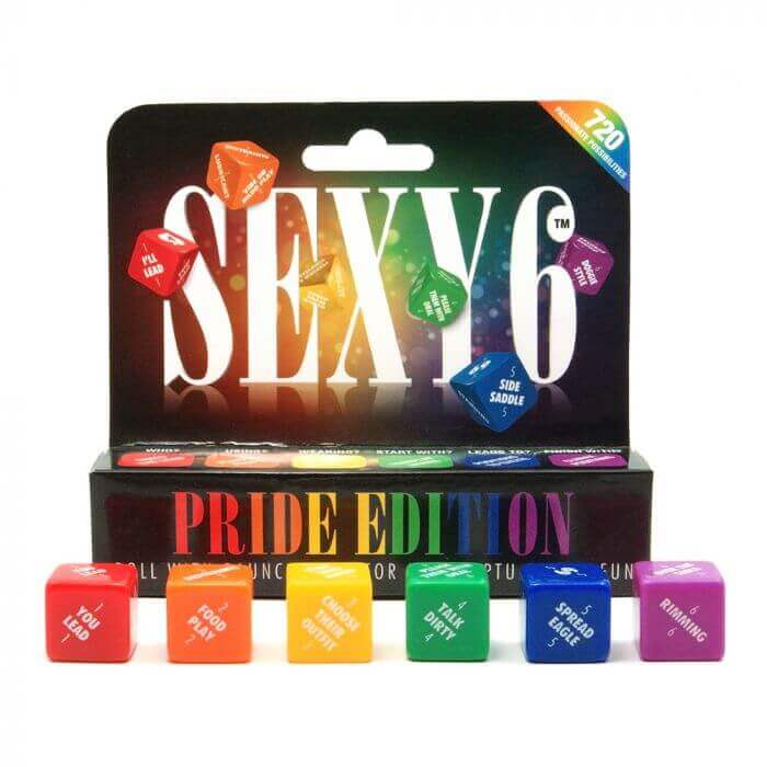 Sexy 6 Dice Pride Edition couples game with rainbow dice and 720 combinations for flirty fun by Creative Conceptions.