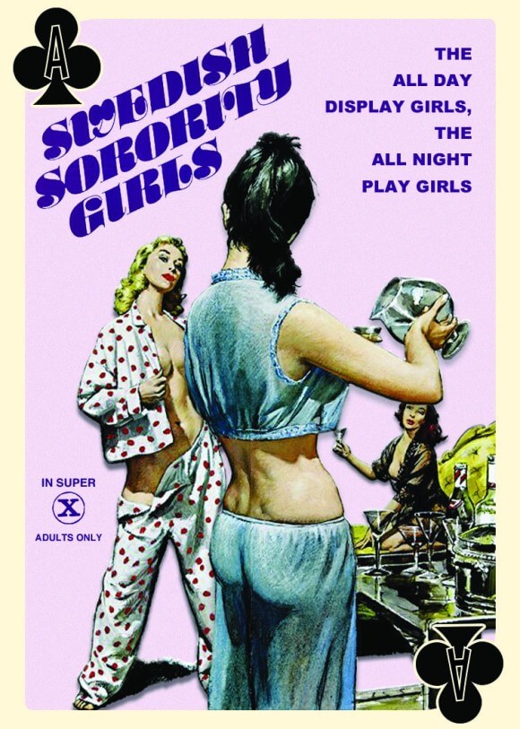 Classic adult playing card featuring retro art of 'Swedish Sorority Girls,' showcasing vintage pin-up style design.