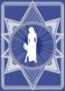 Elegant playing card design featuring a silhouetted figure with an umbrella and intricate geometric patterns.