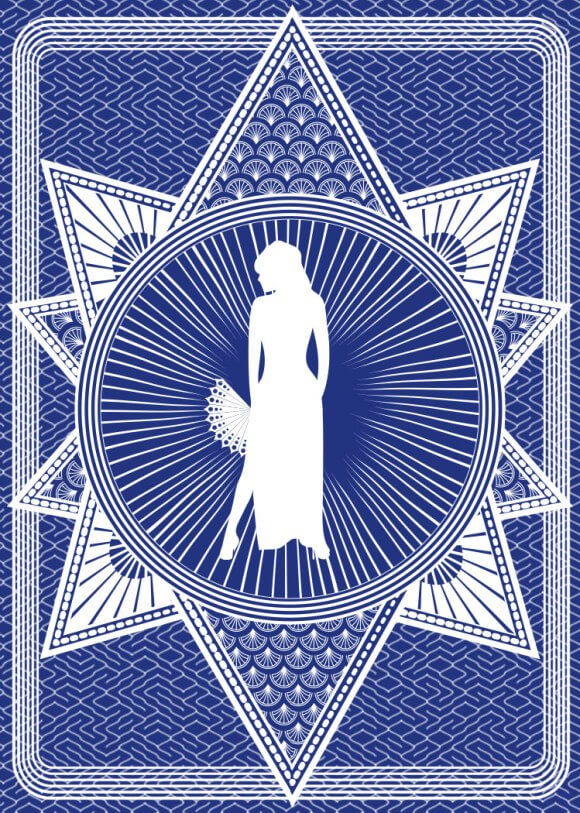 Elegant playing card design featuring a silhouetted figure with an umbrella and intricate geometric patterns.