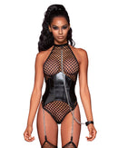 Dream Girl Lingerie Fishnet Halter Teddy with Faux Leather Corset Black O/S from Dreamgirl Lingerie at $27.99