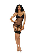 Lace and Mesh Garter Slip Set with Gold Hardware Black O/S