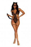 FRISKY KITTY LACE GARTER TEDDY 4PC SET BLACK O/S-1