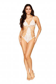 STRETCH LACE TEDDY W/ PEARLS & CHAIN WHITE O/S-1