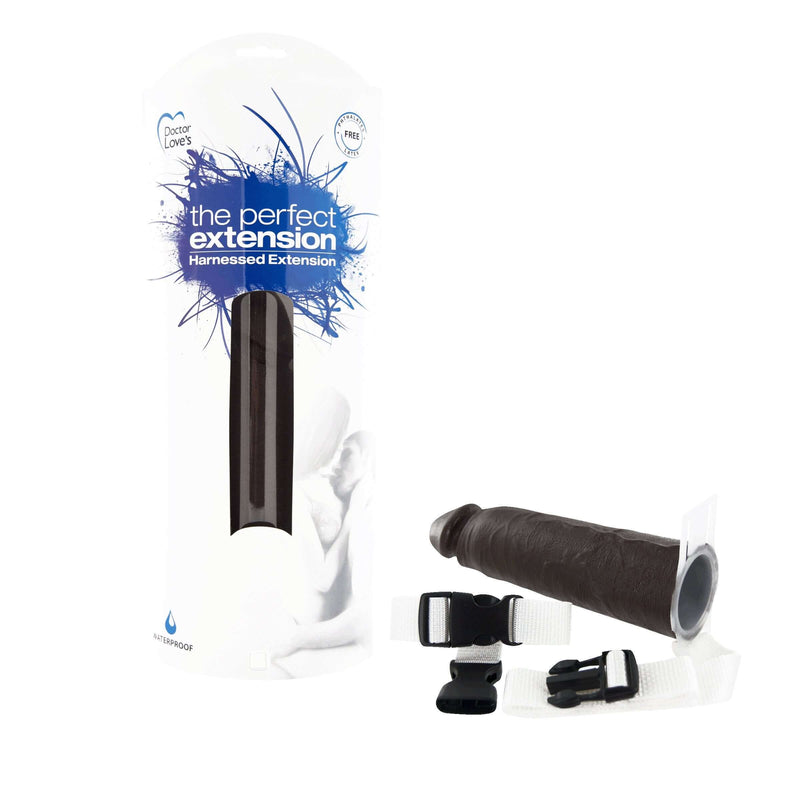 Doctor Love's Perfect Penis Extension Black 7 Inches with packaging and harness from DeeVa Toys.