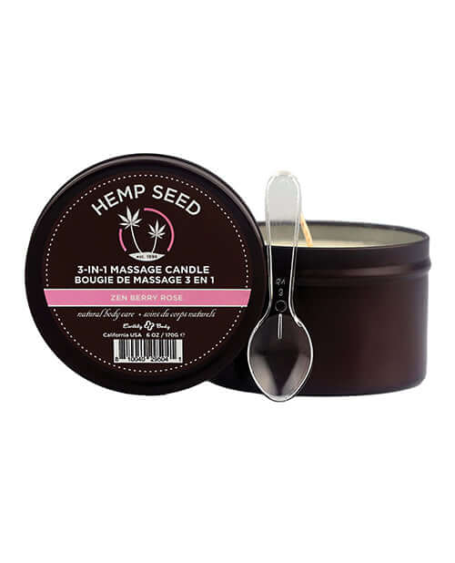 Hemp Seed 3-In-1 Zen Berry Rose Massage Candle 6 Oz Tin with Lid Off and Spoon