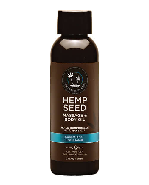 Hemp Seed Massage Oil Sunsational 2 oz bottle with bergamot and juniper scent, 100% vegan, cruelty-free from Earthly Body.