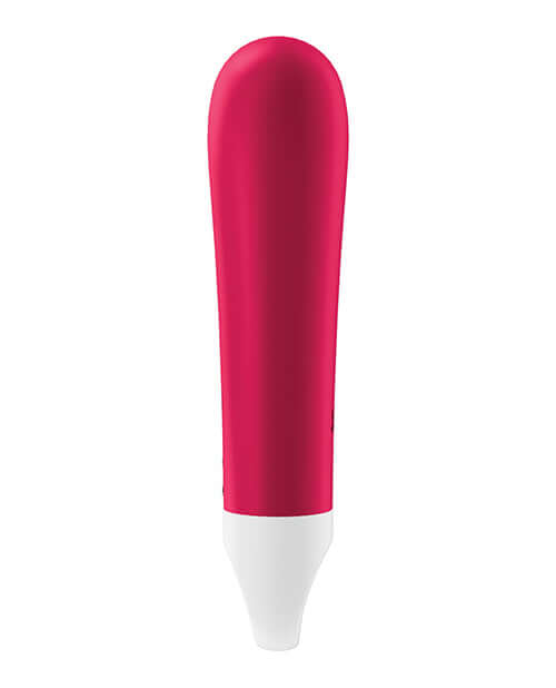 Red Satisfyer Ultra Power Bullet Vibrator 1 with rounded tip and broad surface for powerful vibrations, made of body-friendly silicone.