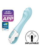 Satisfyer Air Pump Vibrator 5 Plus Blue Inflatable G-Spot with app connectivity and CES 2021 award badge.