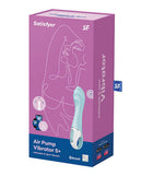 Satisfyer Air Pump Vibrator 5 Plus Blue Inflatable G-Spot in purple packaging with Connect app and Bluetooth features.