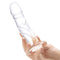 Hand holding Glas 7-Inch Curved Realistic Glass Dildo with Veins showcasing lifelike details and rounded tip.